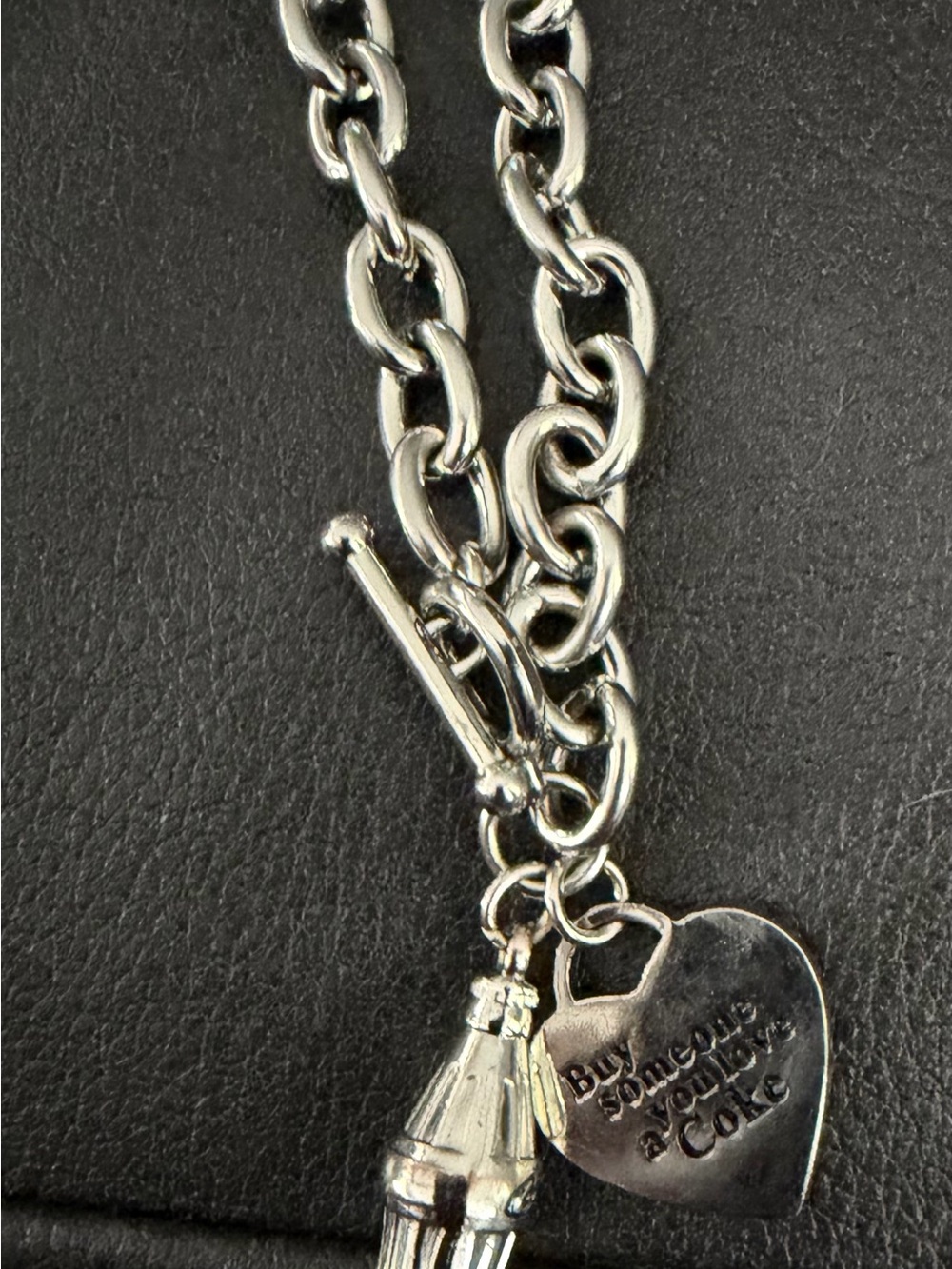 Coca Cola Silver-Tone Charm Bracelet with Heart and Bottle Pendants